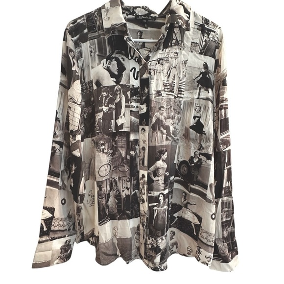 50’s Actors Vintage Print Button Down Shirt Black White Movie Stars Grease L - Picture 7 of 9